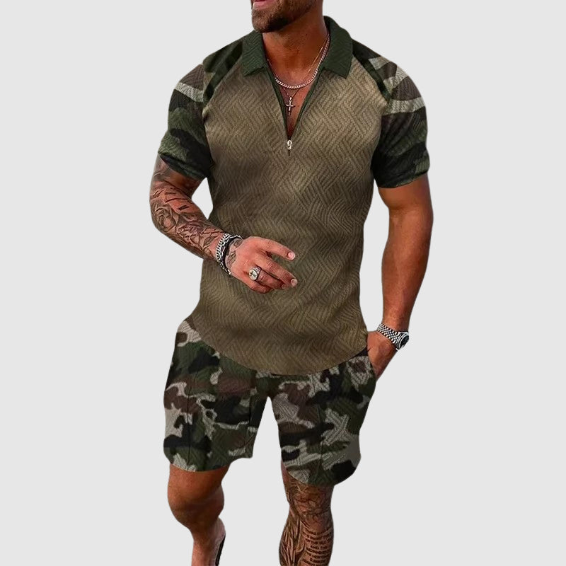 Marcus - Men’s Camouflage Panel Zip Polo and Shorts Set