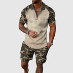 Marcus - Men’s Camouflage Panel Zip Polo and Shorts Set