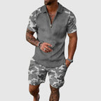 Marcus - Men’s Camouflage Panel Zip Polo and Shorts Set