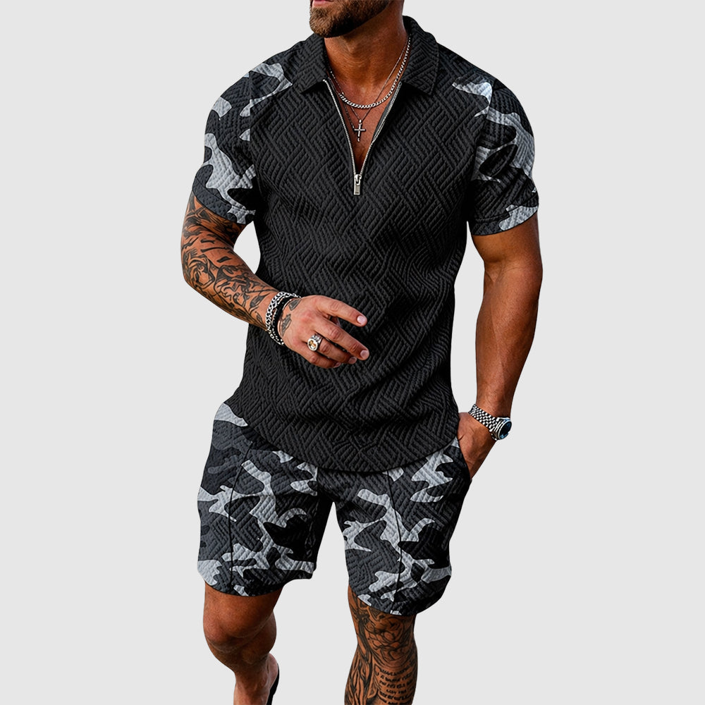 Marcus - Men’s Camouflage Panel Zip Polo and Shorts Set