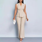 Megan - Women’s Pleated Two-Piece Peplum Pants Outfit