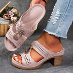 Megan - Women’s Block Heel Slide Sandals with Cut-Out Design