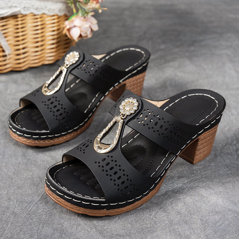 Megan - Women’s Block Heel Slide Sandals with Cut-Out Design