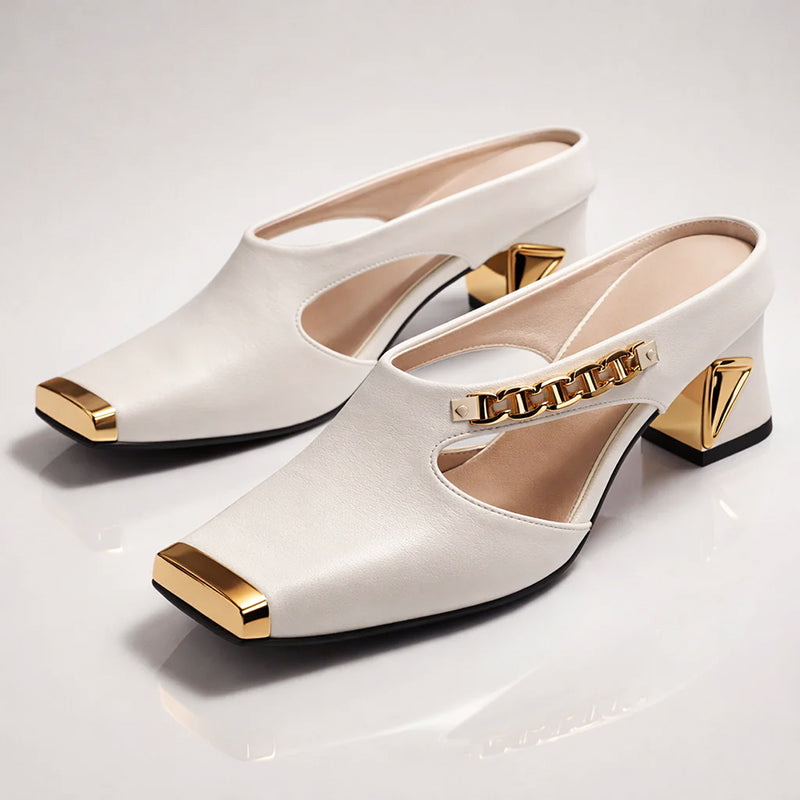 Natalie - Women’s Gold Accent Cut-Out Block Heels