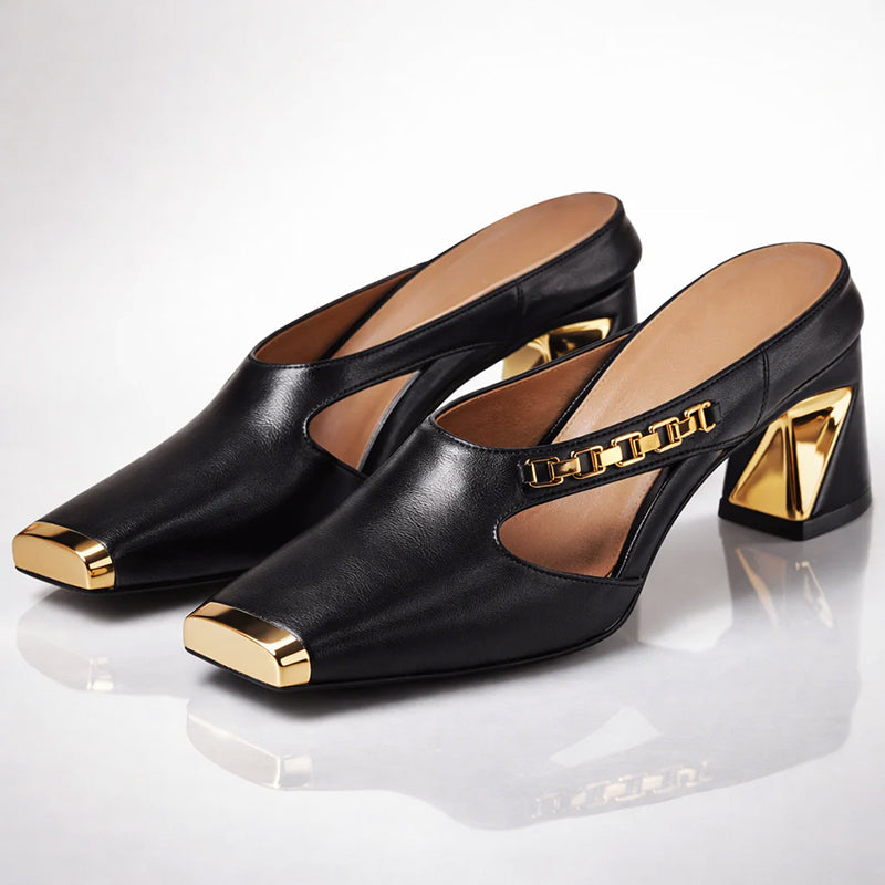 Natalie - Women’s Gold Accent Cut-Out Block Heels