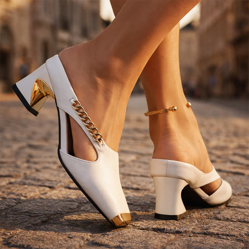 Natalie - Women’s Gold Accent Cut-Out Block Heels