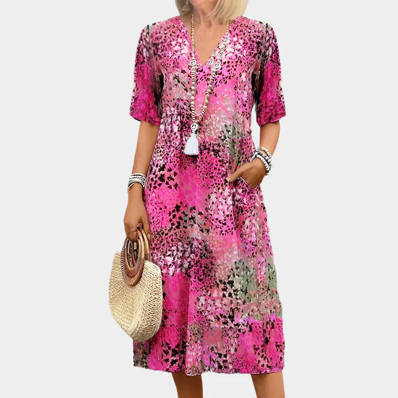 Nicole - Women's Abstract Print V-Neck Short Sleeve Midi Dress