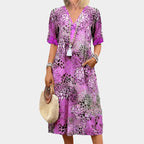 Nicole - Women's Abstract Print V-Neck Short Sleeve Midi Dress