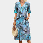 Nicole - Women's Abstract Print V-Neck Short Sleeve Midi Dress