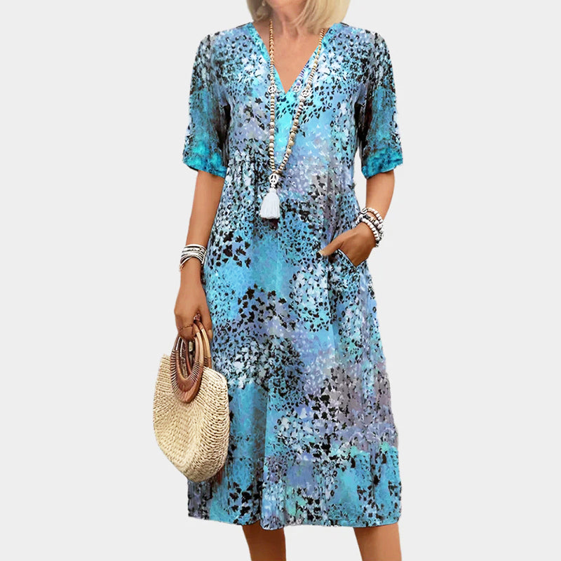 Nicole - Women's Abstract Print V-Neck Short Sleeve Midi Dress