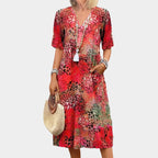 Nicole - Women's Abstract Print V-Neck Short Sleeve Midi Dress
