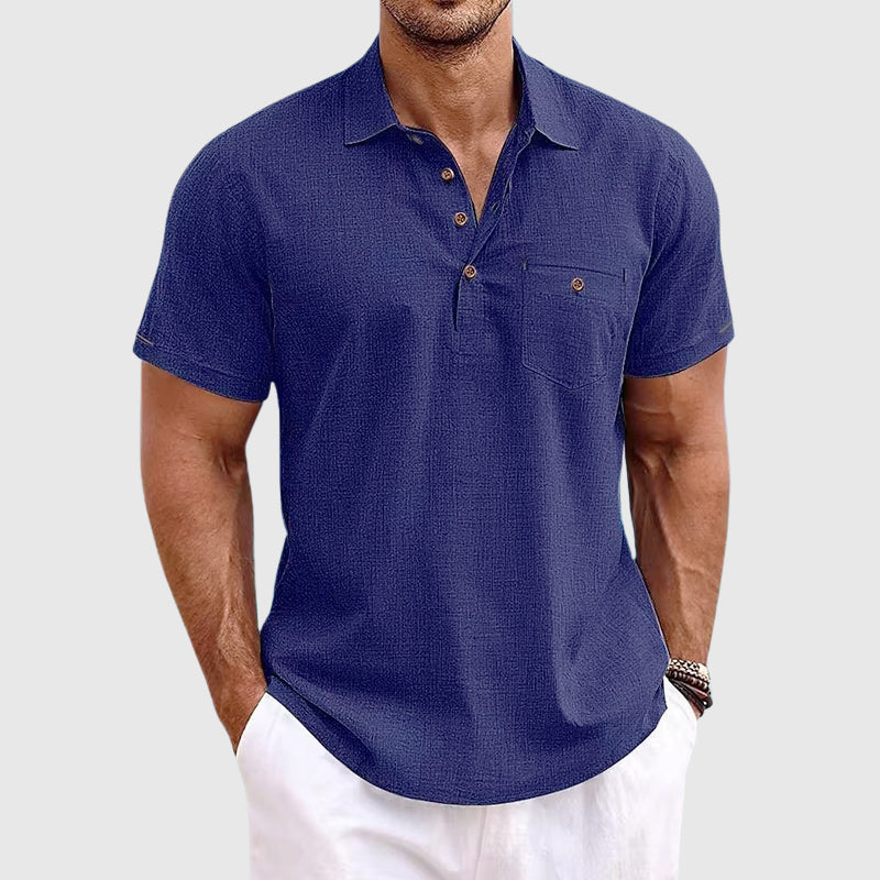 Noah - Men's Linen Textured Button Detail Polo Shirt