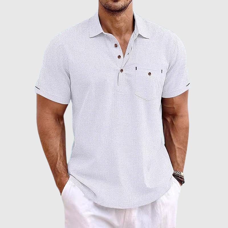 Noah - Men's Linen Textured Button Detail Polo Shirt