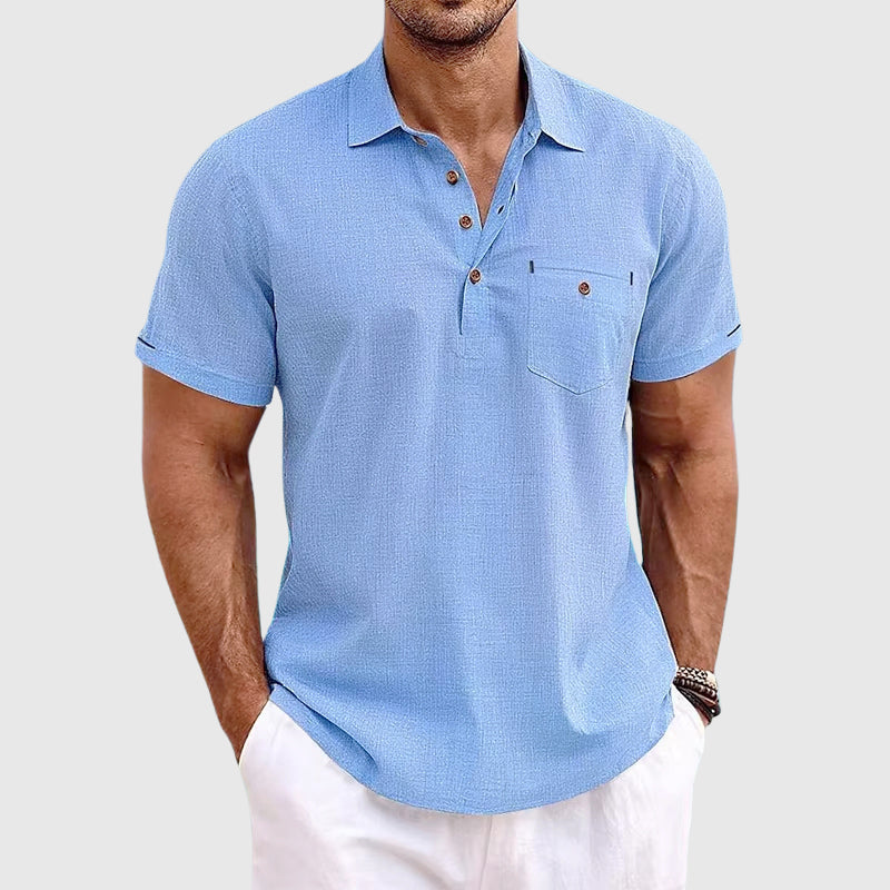 Noah - Men's Linen Textured Button Detail Polo Shirt