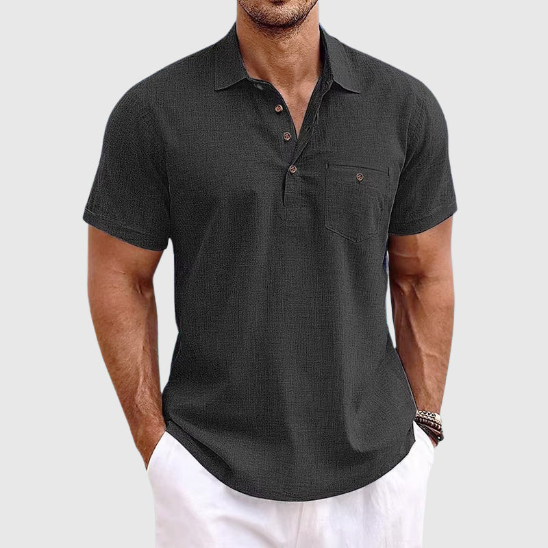Noah - Men's Linen Textured Button Detail Polo Shirt