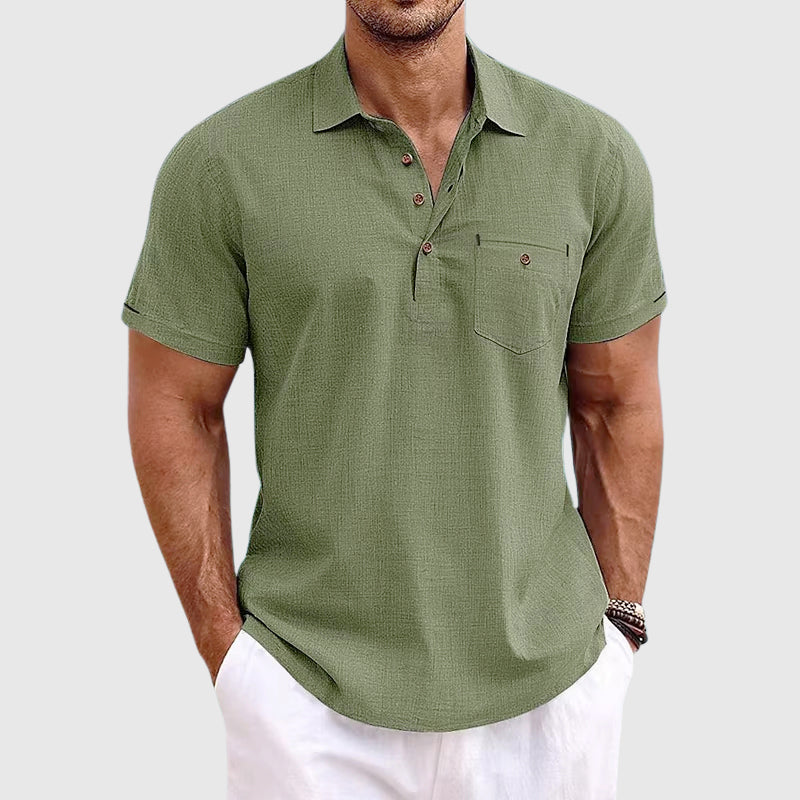Noah - Men's Linen Textured Button Detail Polo Shirt