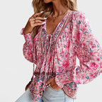 Nora - Women’s Boho Floral Tie-Neck Long Sleeve Blouse