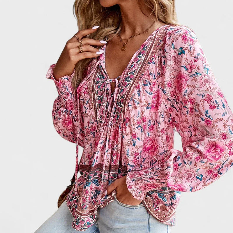 Nora - Women’s Boho Floral Tie-Neck Long Sleeve Blouse