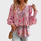Nora - Women’s Boho Floral Tie-Neck Long Sleeve Blouse