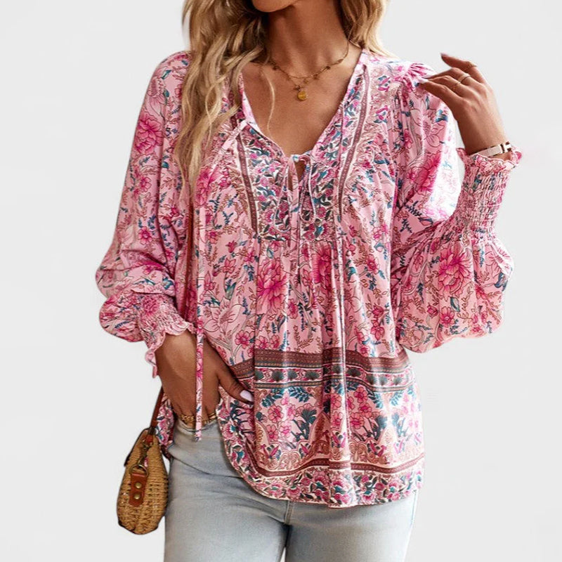 Nora - Women’s Boho Floral Tie-Neck Long Sleeve Blouse