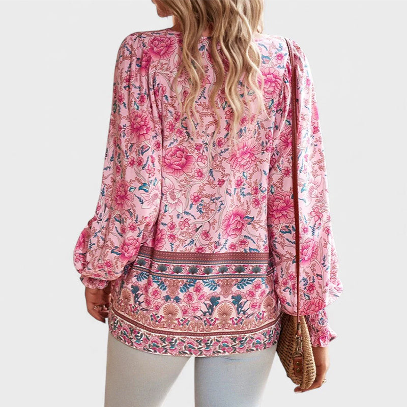 Nora - Women’s Boho Floral Tie-Neck Long Sleeve Blouse