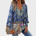 Nora - Women’s Boho Floral Tie-Neck Long Sleeve Blouse