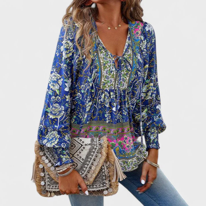 Nora - Women’s Boho Floral Tie-Neck Long Sleeve Blouse