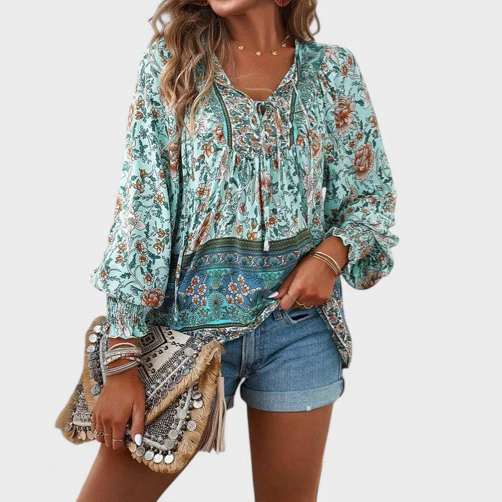 Nora - Women’s Boho Floral Tie-Neck Long Sleeve Blouse