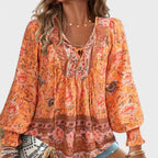 Nora - Women’s Boho Floral Tie-Neck Long Sleeve Blouse
