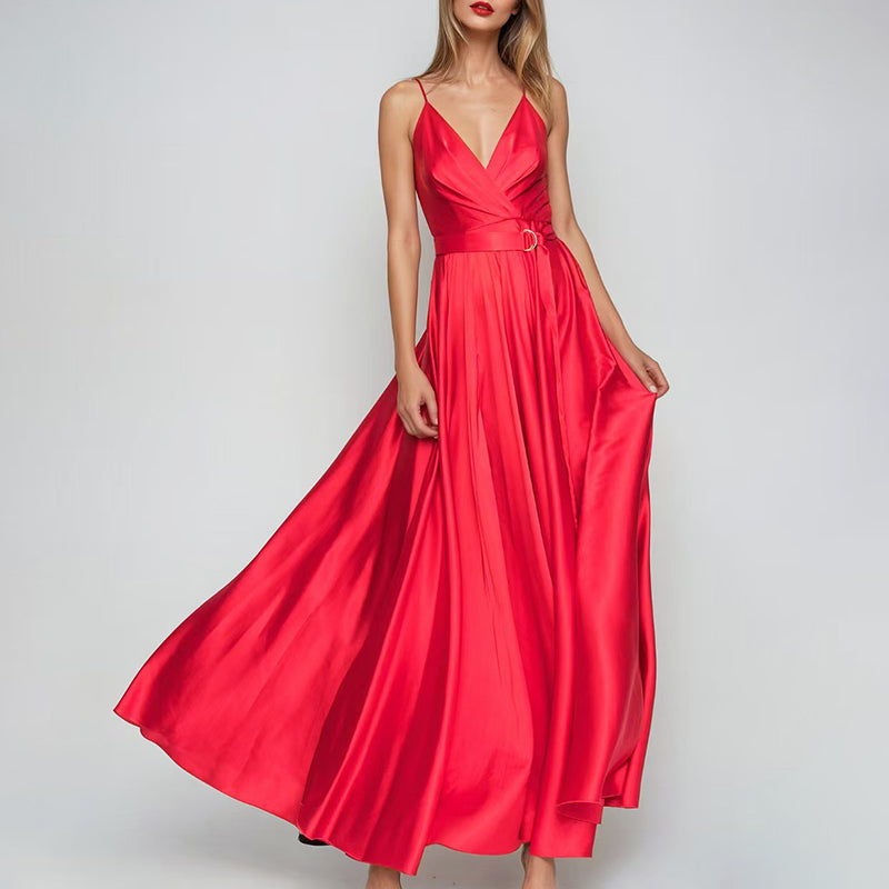 Norah - Women’s Satin Maxi Dress for Wedding Guests with Side Slit