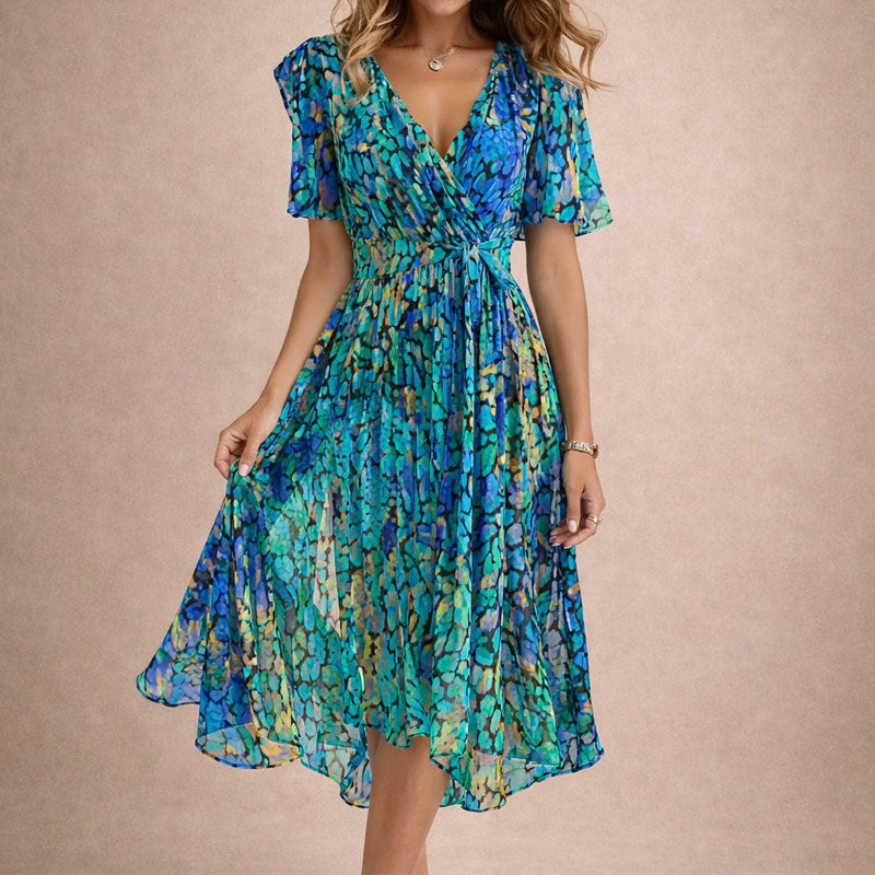 Olivia - Women's Floral Wrap V-Neck Flutter Sleeve Midi Dress