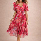 Olivia - Women's Floral Wrap V-Neck Flutter Sleeve Midi Dress