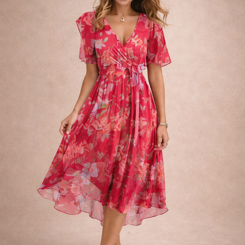 Olivia - Women's Floral Wrap V-Neck Flutter Sleeve Midi Dress