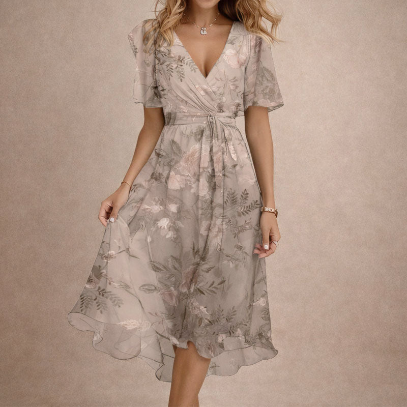 Olivia - Women's Floral Wrap V-Neck Flutter Sleeve Midi Dress