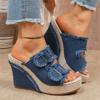 Rachel - Women’s Denim Platform Wedge Sandals