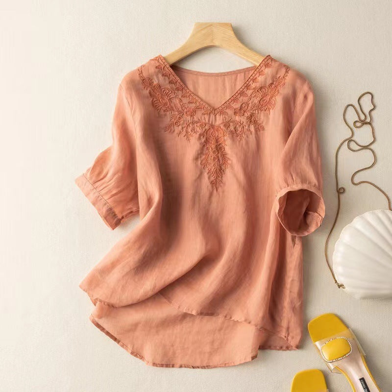 Rachel - Women's Cotton Linen Embroidered Blouse with Relaxed Fit