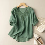 Rachel - Women's Cotton Linen Embroidered Blouse with Relaxed Fit