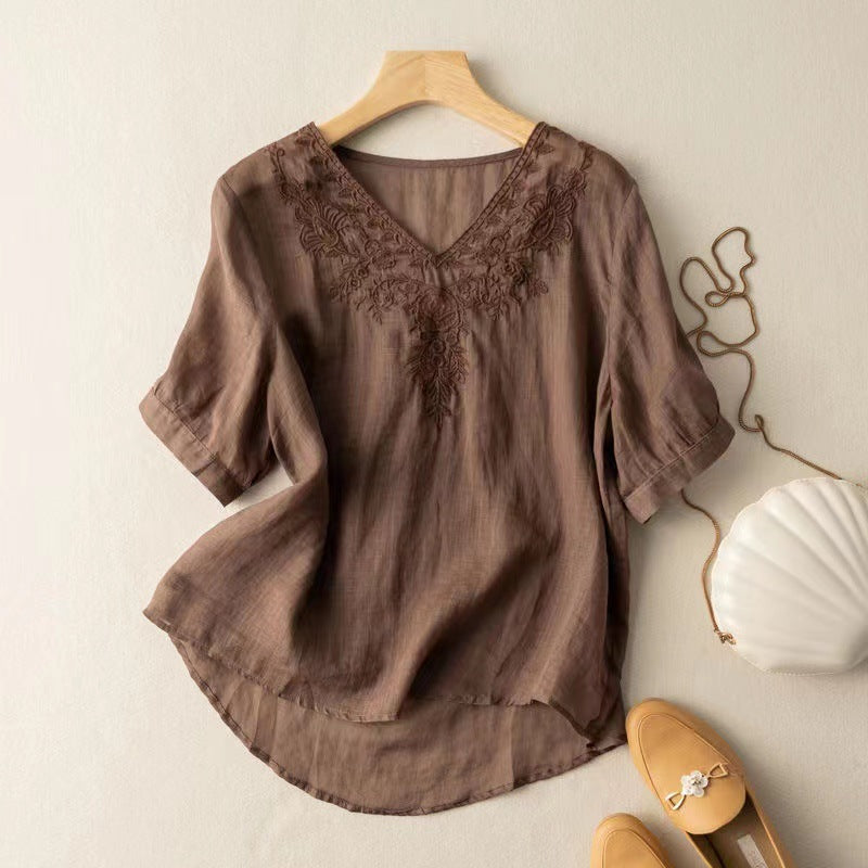 Rachel - Women's Cotton Linen Embroidered Blouse with Relaxed Fit