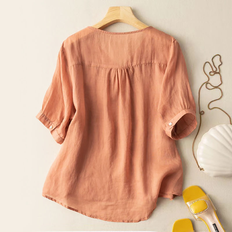 Rachel - Women's Cotton Linen Embroidered Blouse with Relaxed Fit