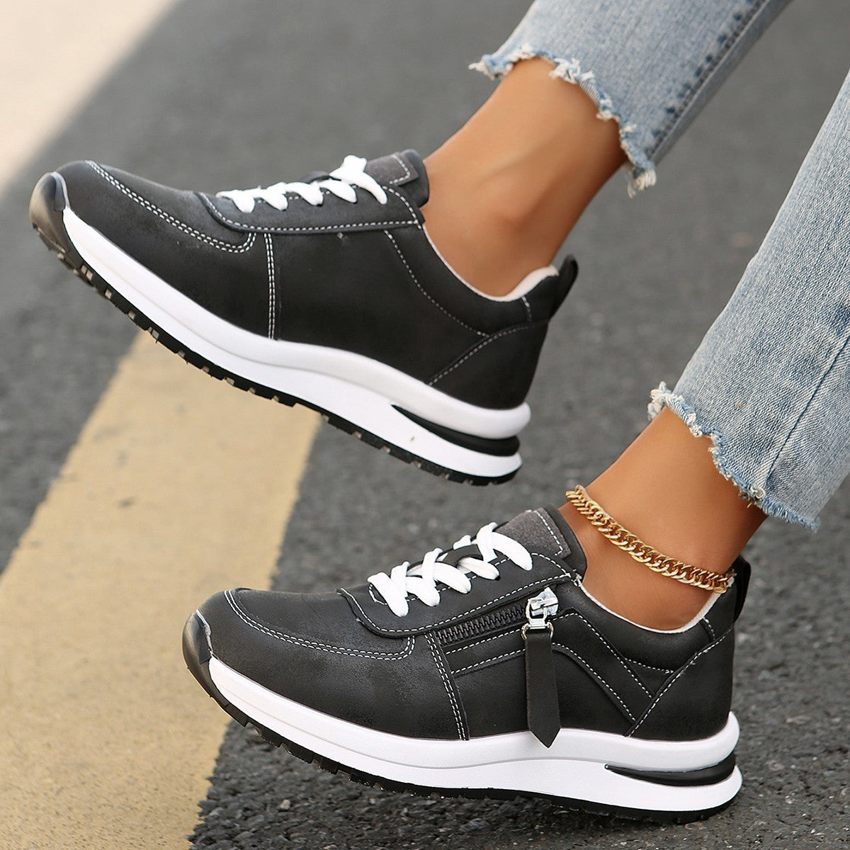 Riley - Women’s Platform Lace Up Zipper Sneakers