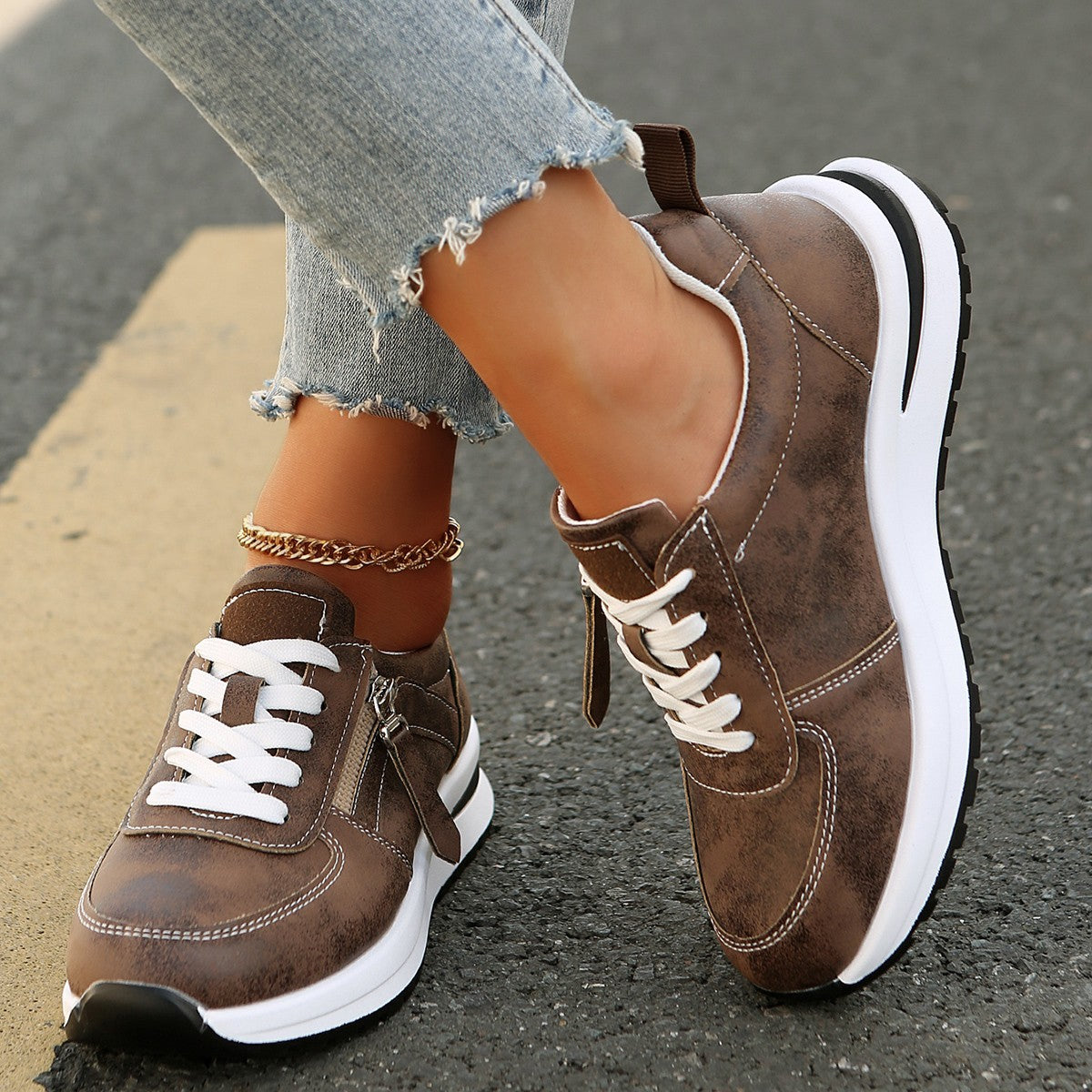 Riley - Women’s Platform Lace Up Zipper Sneakers