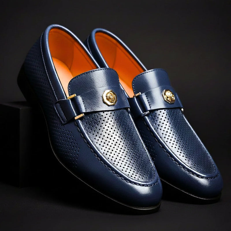 Rowan - Men's Perforated Dress Loafers with Metal Accent Strap