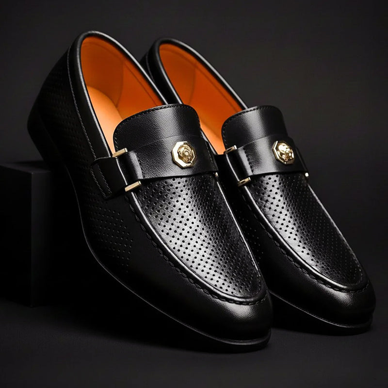 Rowan - Men's Perforated Dress Loafers with Metal Accent Strap