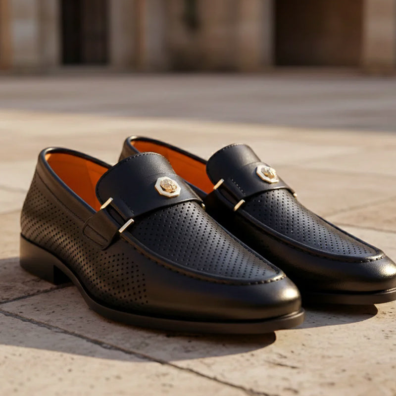 Rowan - Men's Perforated Dress Loafers with Metal Accent Strap