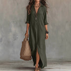 Sage - Women's Boho Long Sleeve Maxi Shirt Dress