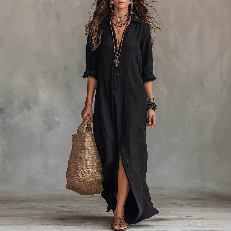 Sage - Women's Boho Long Sleeve Maxi Shirt Dress