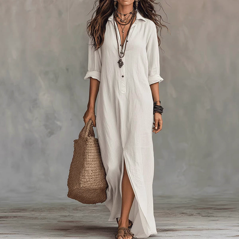 Sage - Women's Boho Long Sleeve Maxi Shirt Dress