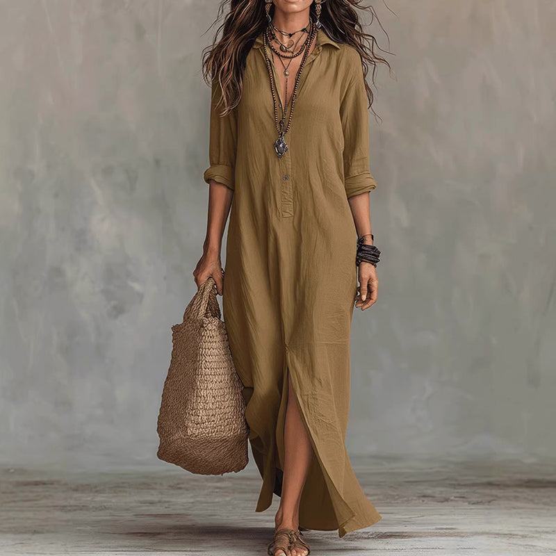 Sage - Women's Boho Long Sleeve Maxi Shirt Dress