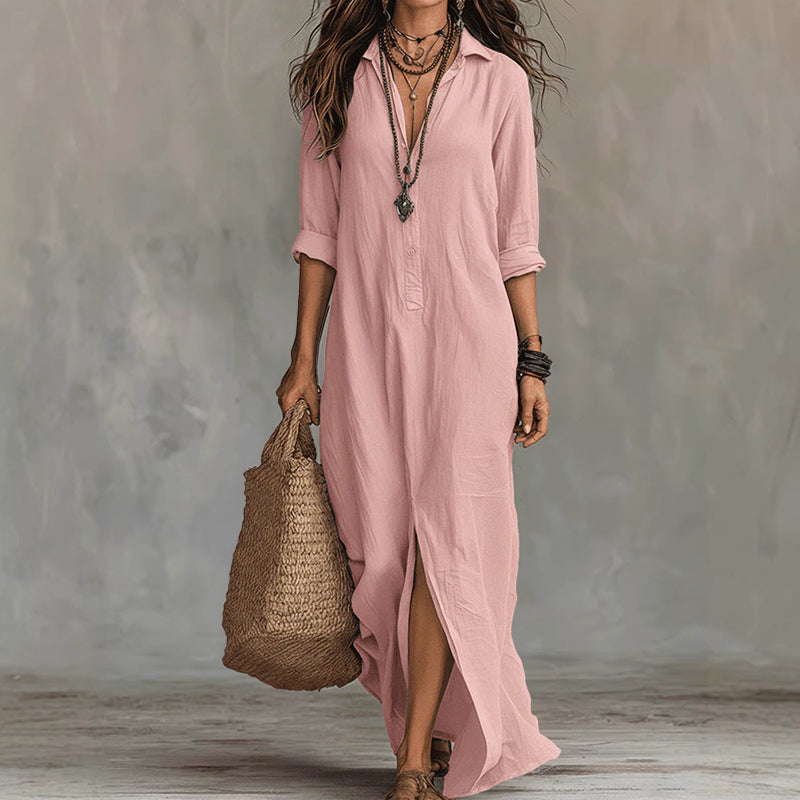 Sage - Women's Boho Long Sleeve Maxi Shirt Dress