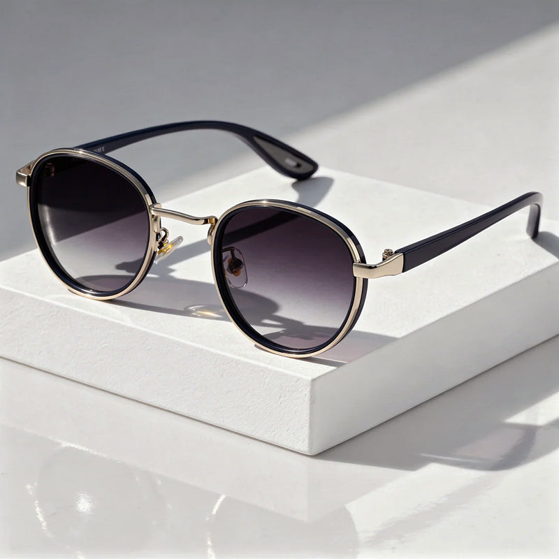 Solvra - Round Frame Retro Sunglasses with Metal Detail